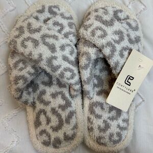 Women's Gray Leopard Plush Cross-Band Slippers